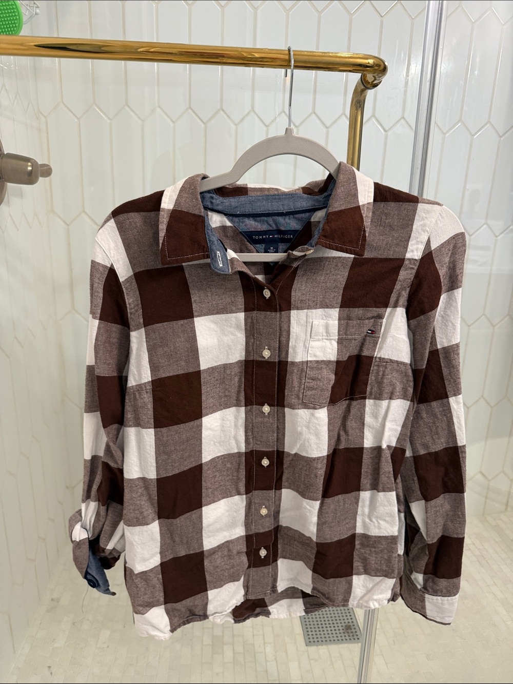 Tommy Hilfiger Brown and White Buffalo Check Casual Button-Down Shirt